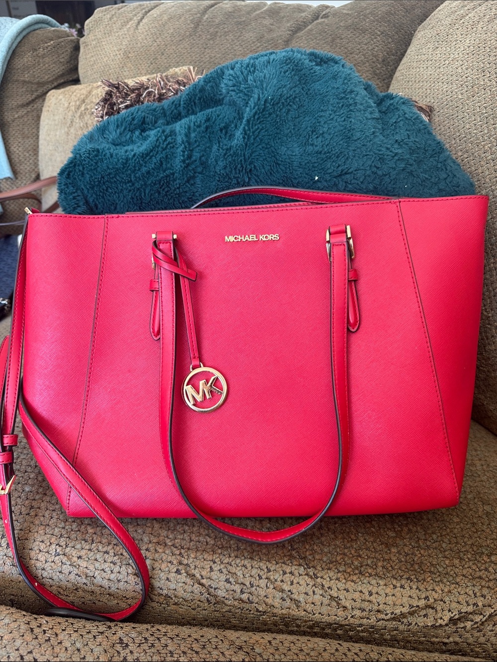 Michael Kors Bright Red Saffiano Leather Tote with Gold MK Charm